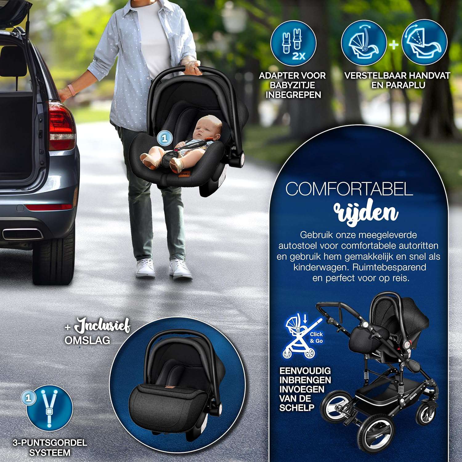 3 in 1 Kinderwagen Complete Set | Combi Wandelwagen Set incl. Reiswieg Buggy Car-Baby Shell Voetenzak | Volledig rubberen banden Luiertas Regenhoes Kindertafel