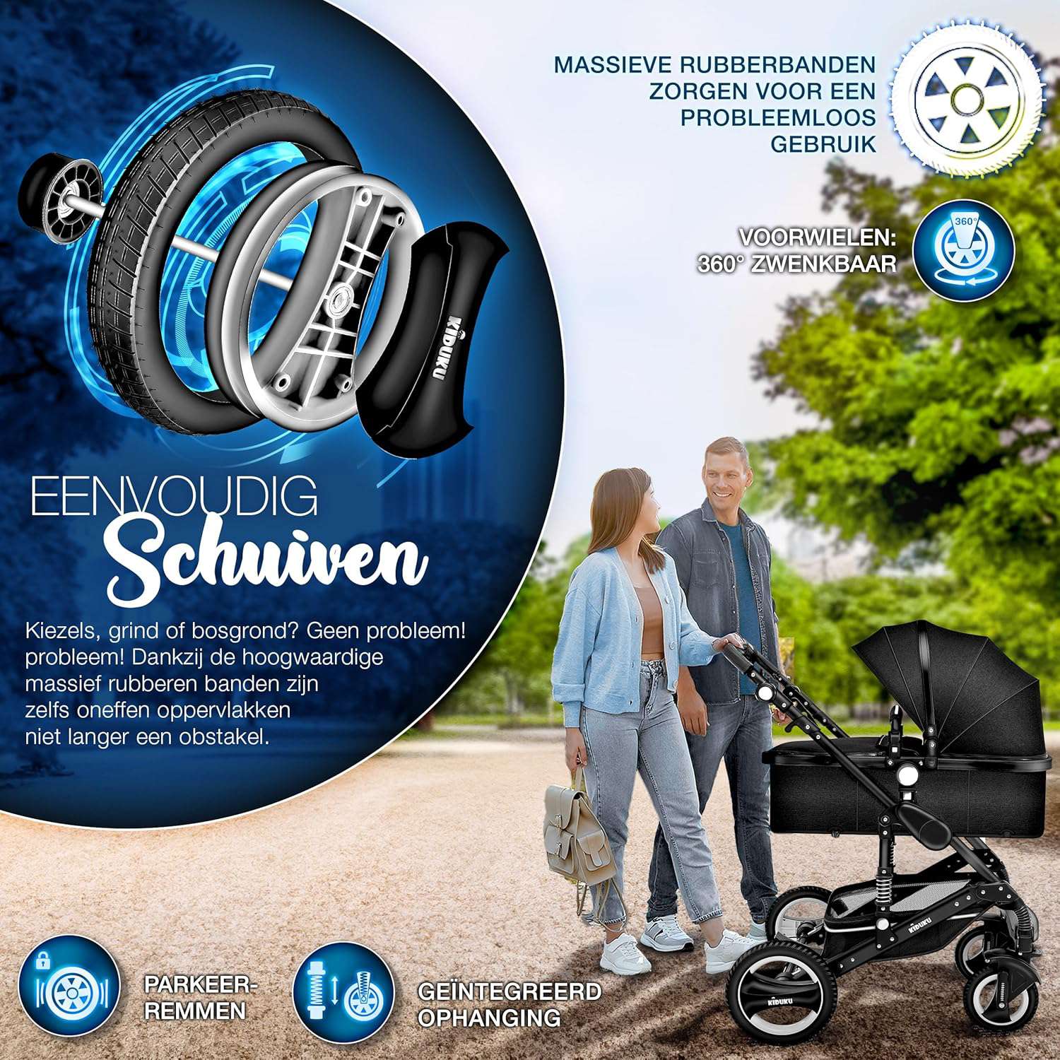3 in 1 Kinderwagen Complete Set | Combi Wandelwagen Set incl. Reiswieg Buggy Car-Baby Shell Voetenzak | Volledig rubberen banden Luiertas Regenhoes Kindertafel