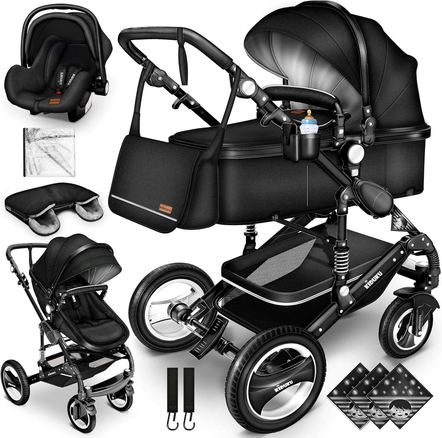 3 in 1 Kinderwagen Complete Set | Combi Wandelwagen Set incl. Reiswieg Buggy Car-Baby Shell Voetenzak | Volledig rubberen banden Luiertas Regenhoes Kindertafel