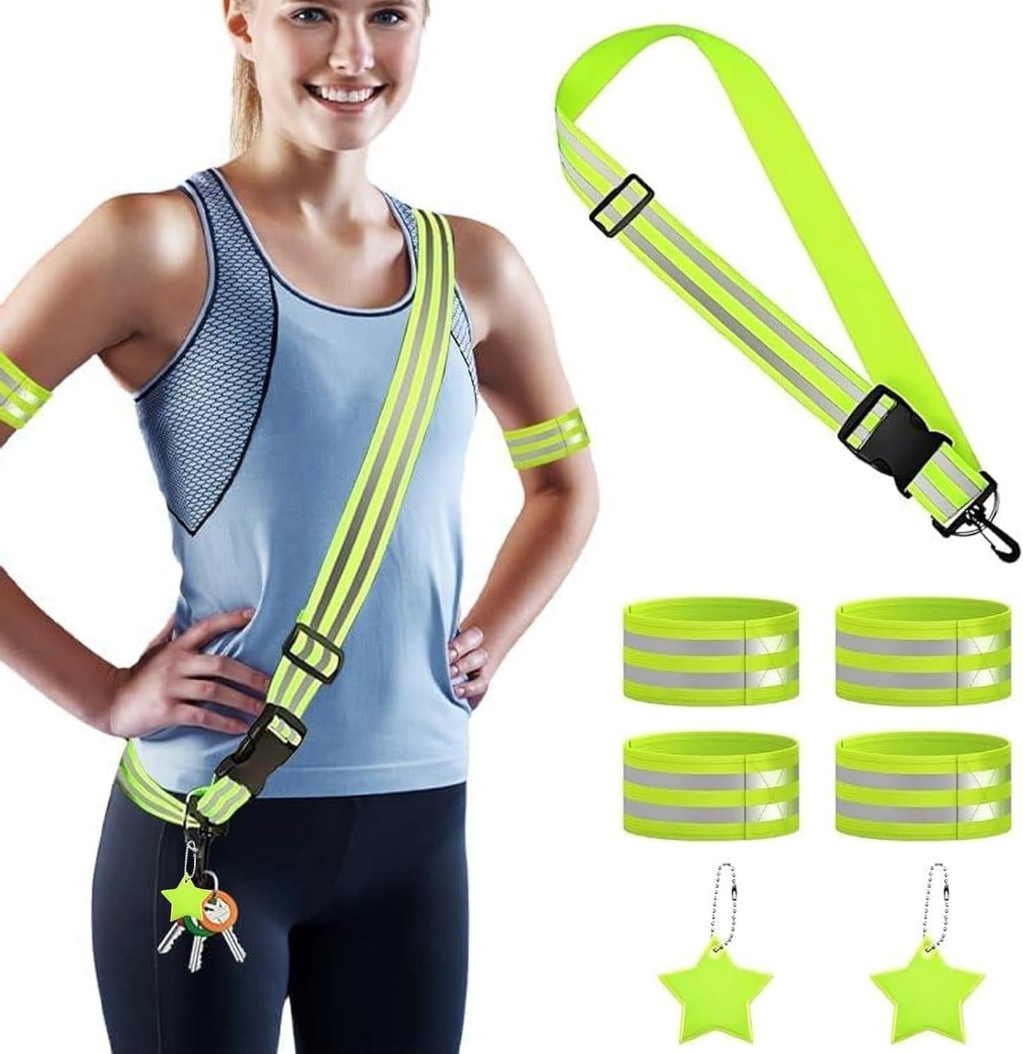 Reflecterende Veiligheidsset – Verstelbare Groene Riem met 7 Reflecterende Banden & Hangers voor Wandelen, Hardlopen & Fietsen